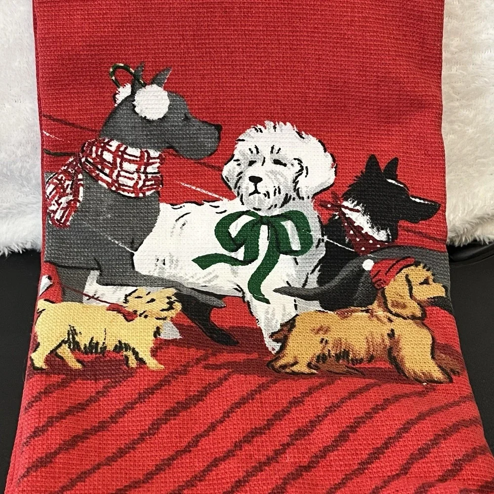 Christmas Kitchen Hand Towels Tea Towel Dog Red Assorted Dogs New w/ Flaw Lot 2